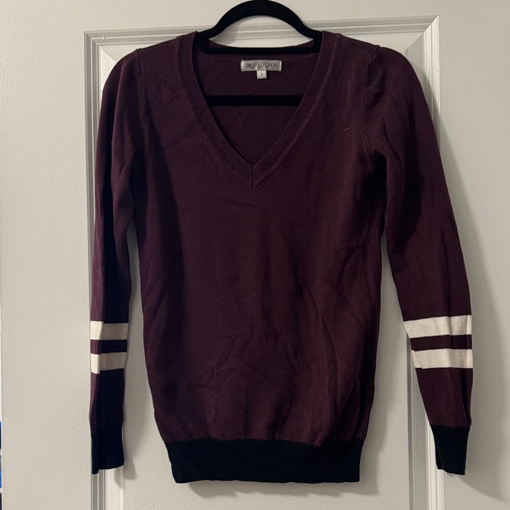 Deep Purple V-Neck Sweater with Striped Sleeves